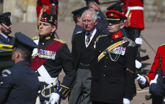 Le prince Charles de Galles lors des funérailles de son père, le prince Philip, duc d'Edimbourg