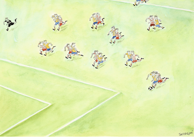 Une scène d'un match de football dessinée par Sempé et vendue par Artcurial