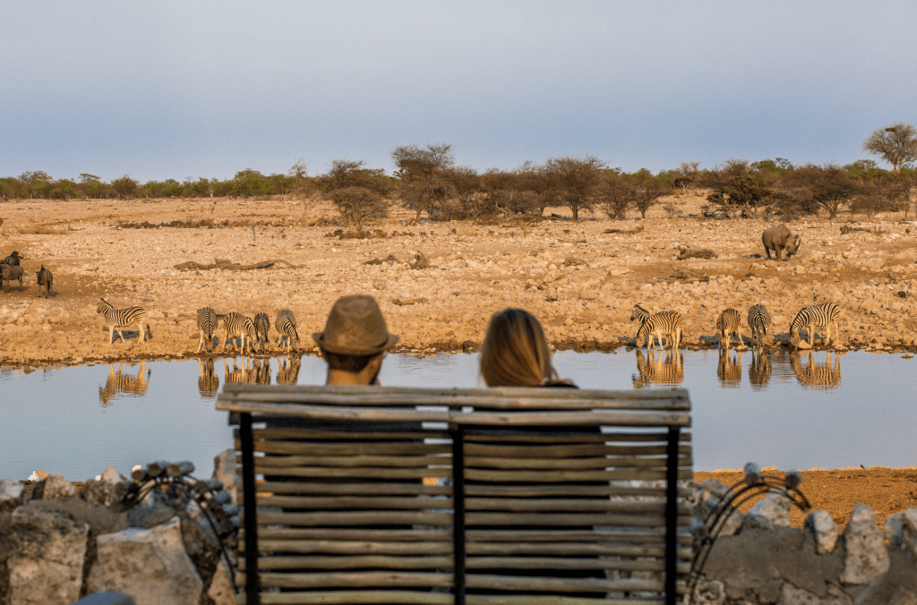 Un couple observant des animaux dans la savane africaine, parc national d'Etosha. © DR
