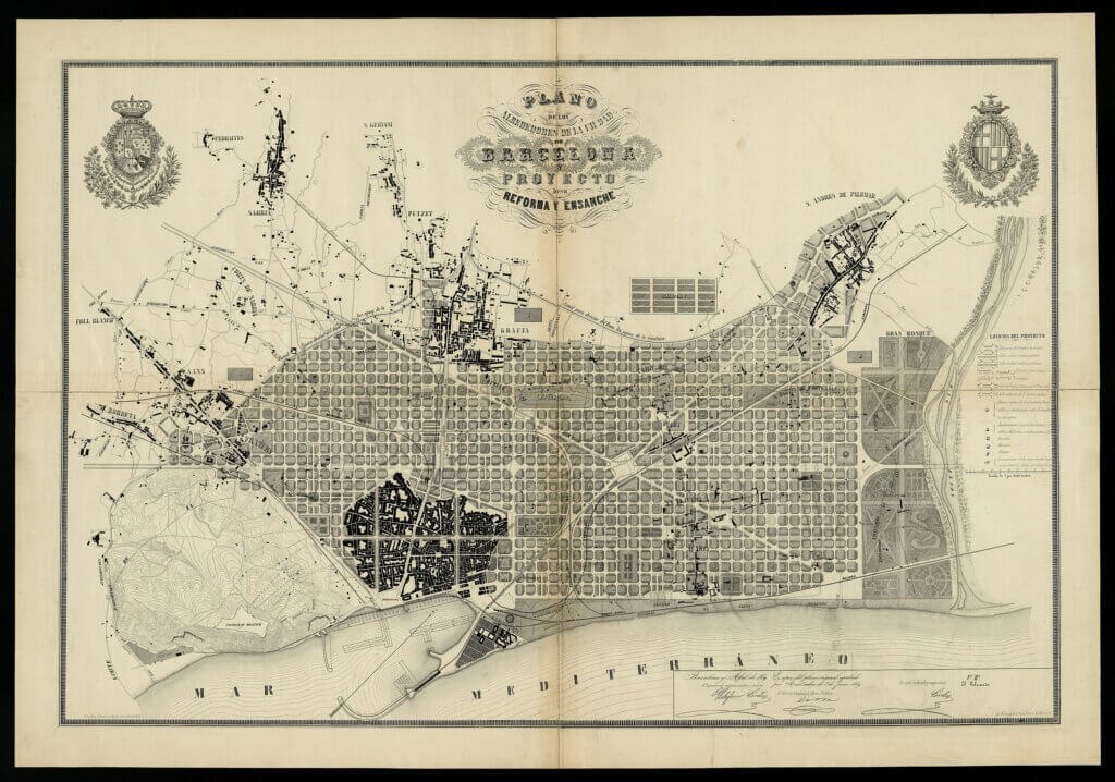 Carte représentant le Plan Cerdà & la vieille ville (en noir en bas à gauche) © DR