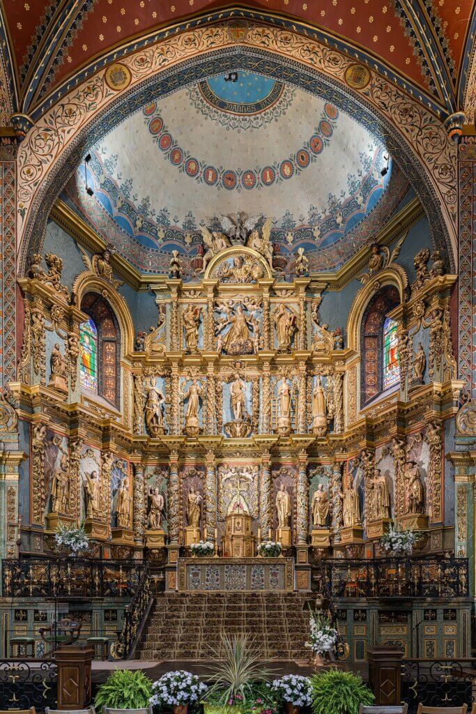 Golden wood reredos of the Saint-Jean-Baptiste church, in Saint-Jean-de-Luz, France.