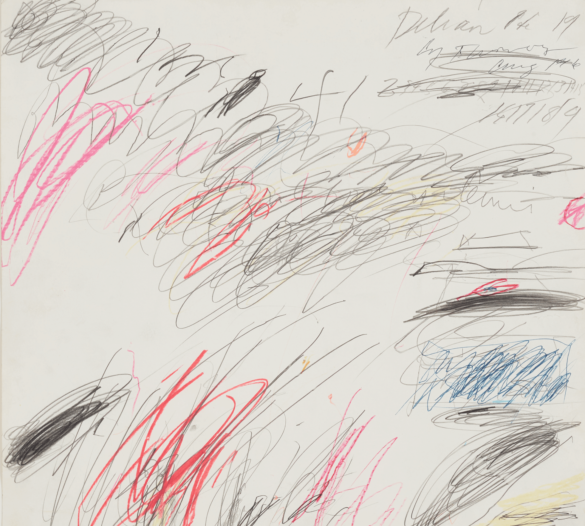 Cy Twombly, Delian Ode n°19, août 1961 Craie grasse, crayon, crayon de couleur et stylo à bille sur papier, 33,3 x 35,3 cm Collection privée, Paris / Dépôt à la Collection Lambert, Avignon © Cy Twombly Foundation